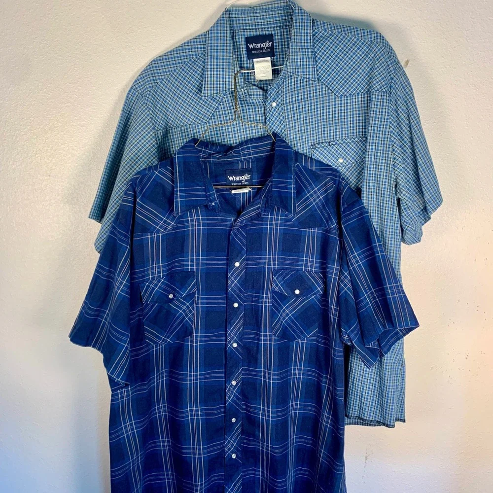 Lot of 2 Wrangler‎ 2XLT Tall Pearl Snap Western Shirts Blue Plaid Short Sleeves